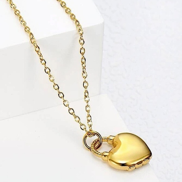 Gold Plated Lock Heart Chain Link Necklace - Picture 3 of 4
